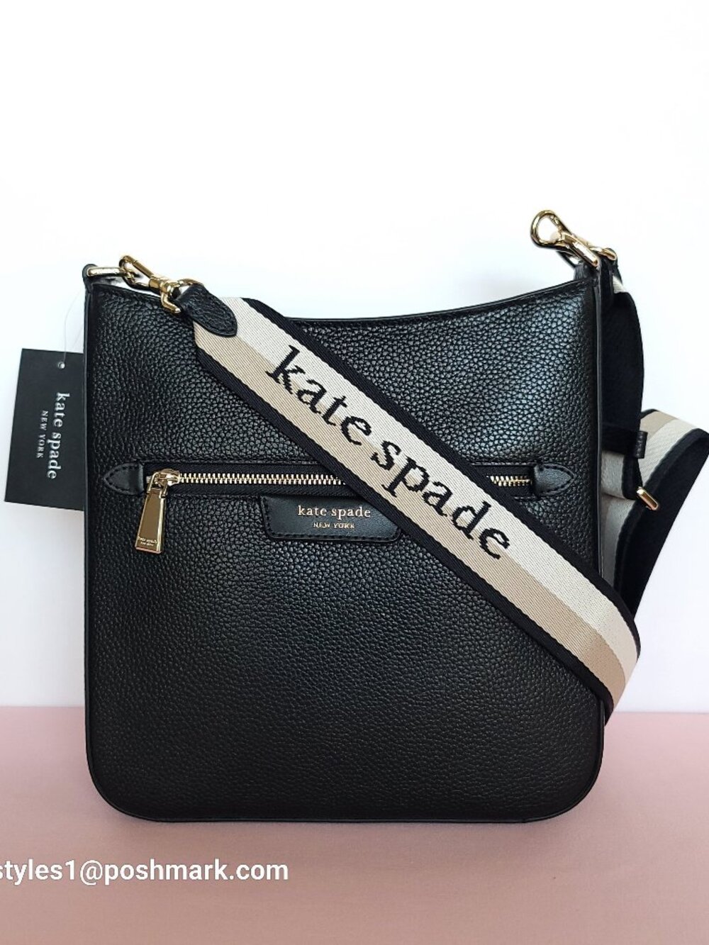 KATE SPADE Hudson Pebbled Leather Messenger Crossbody Bag- Black color⭐ - Picture 2 of 16